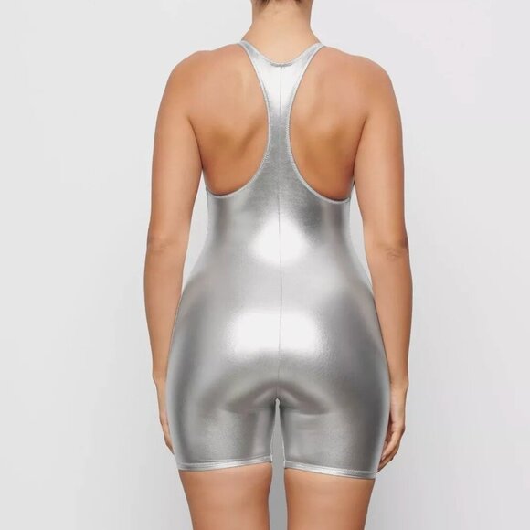 NWT SKIMS Metallic Swim Romper Cycle Suit in Champagne Rose Gold Size Medium - Picture 4 of 6